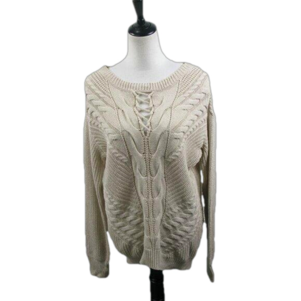 a.n.a Beige Crew Neck Cris Cross Accent Sweater Size Medium